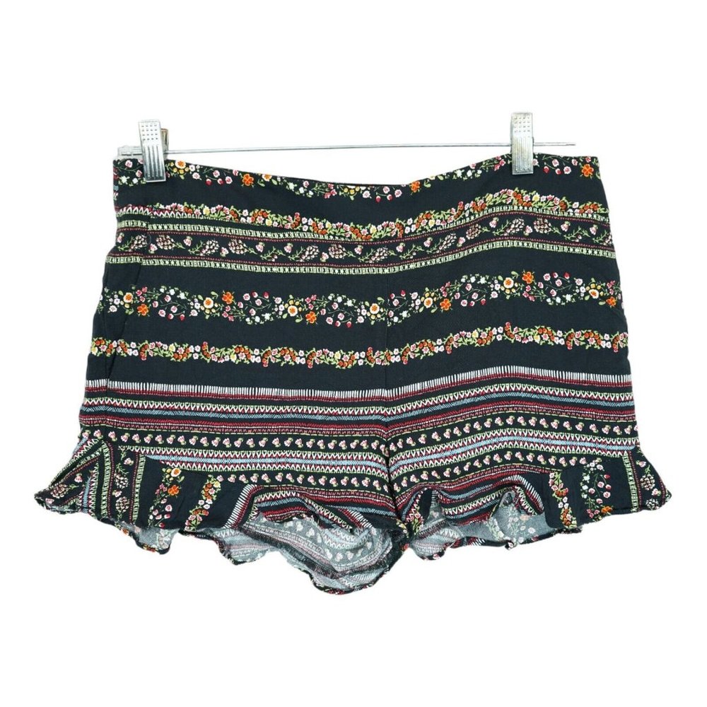 Ann Taylor Loft Womens Black Floral Cotton Blend Side Zip Ruffle Hem Shorts Sz 6